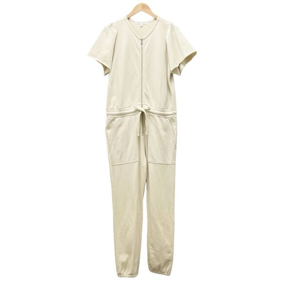 Rebecca Minkoff Mila Zip Front Short Sleeve Cream Cotton Jumpsuit Size Medium - Picture 2 of 16